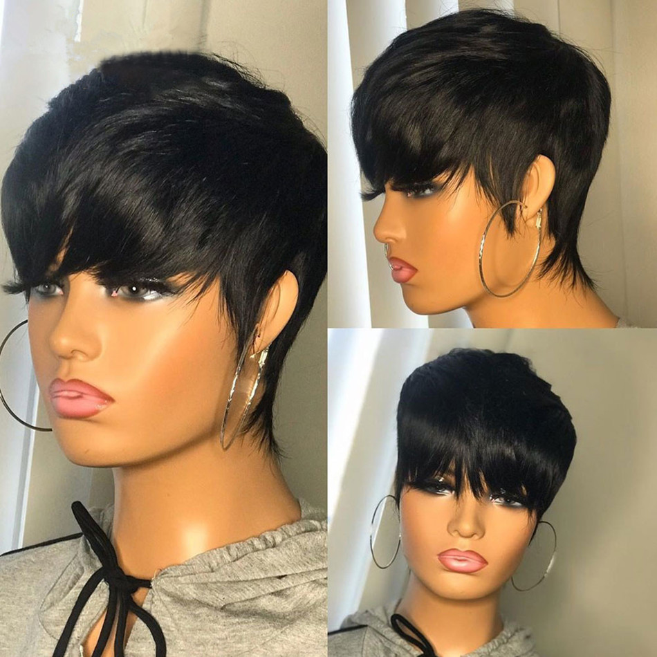 Short Pixie Cut Wig Human Hair Cheap - 短い人毛ウィッグ、ピクシーカット、ストレート、ブラジル産、黒人女性向け、機械製、前髪付き、安価、レースなしウィッグ。