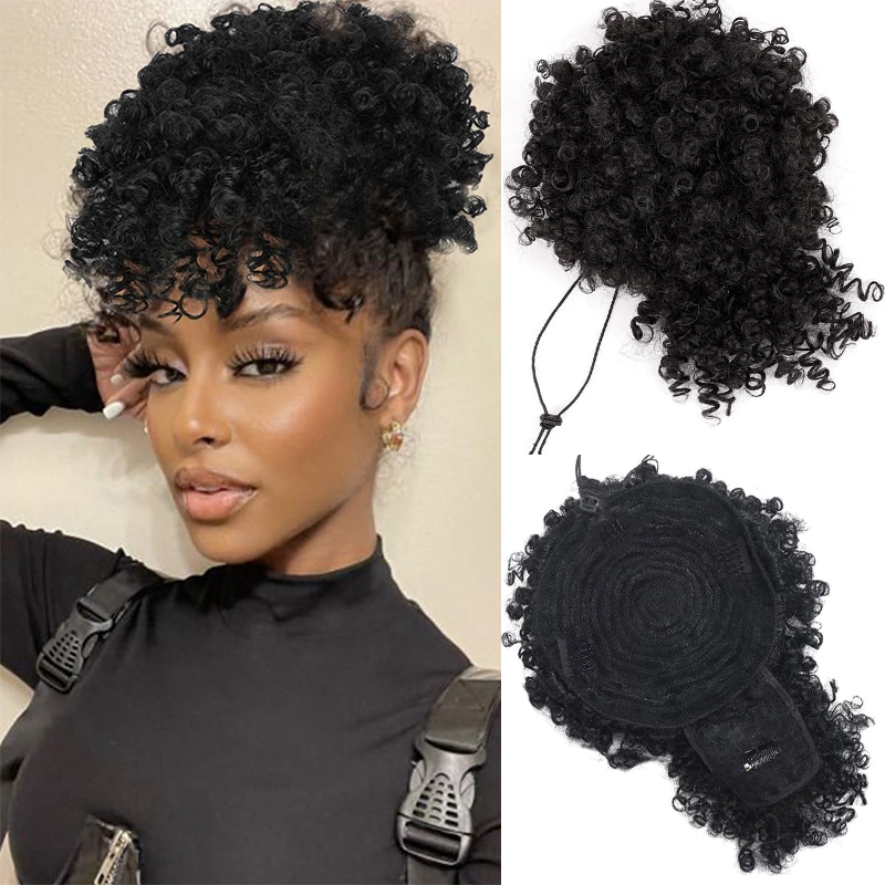 Drawstring Afro Curly Puff Ponytail - アフロパフ変態カーリーヘアアップヘアポニーテールエクステンション前髪巾着ポニーテール女性用ブラック、人工毛ポニーテール
