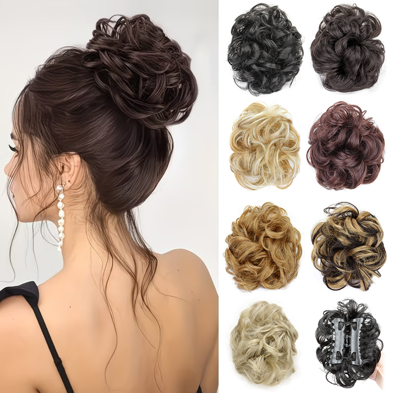 Claw Clip Messy Bun Hair Piece - 合成素材のメッシーバン、ショートカーリー、爪留め式、エレガントなシニヨン、シュシュ、女性用ヘアピース、簡単装着ヘアアクセサリー