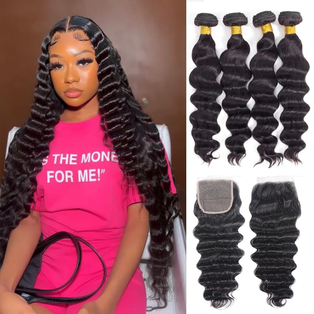 Deep Wave 3 Bundles With Closure - 30インチ ルーズウェーブ バンドル人毛とクロージャー 12A ブラジリアン ロウヘア