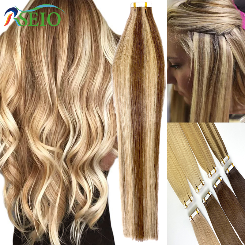 Invisible Tape In Extensions Real Hair - Rseio-天然のストレートヘアエクステンション,目に見えない,黒,茶色,金髪,16〜24インチ