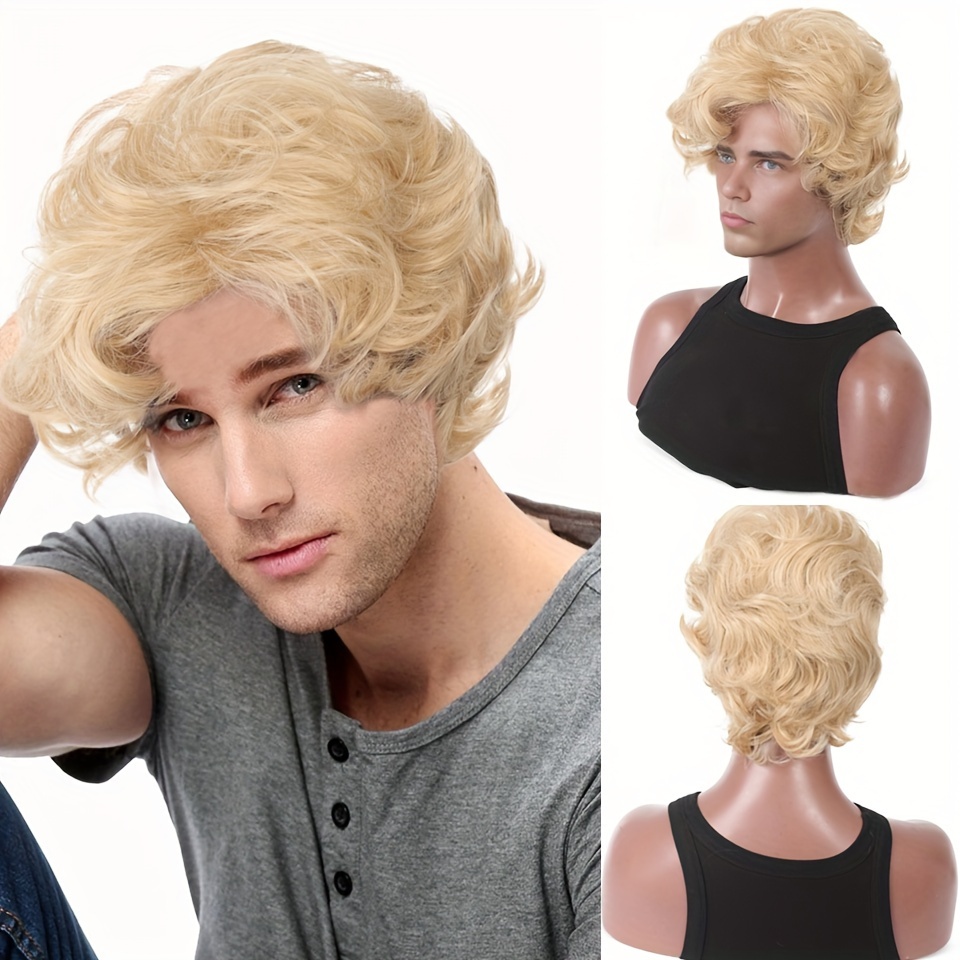 Synthetic Wigs - メンズブロンドウィッグショート波状ふわふわ合成ウィッグコスチュームデイリーパーティーコスプレハロウィンウィッグ男性用