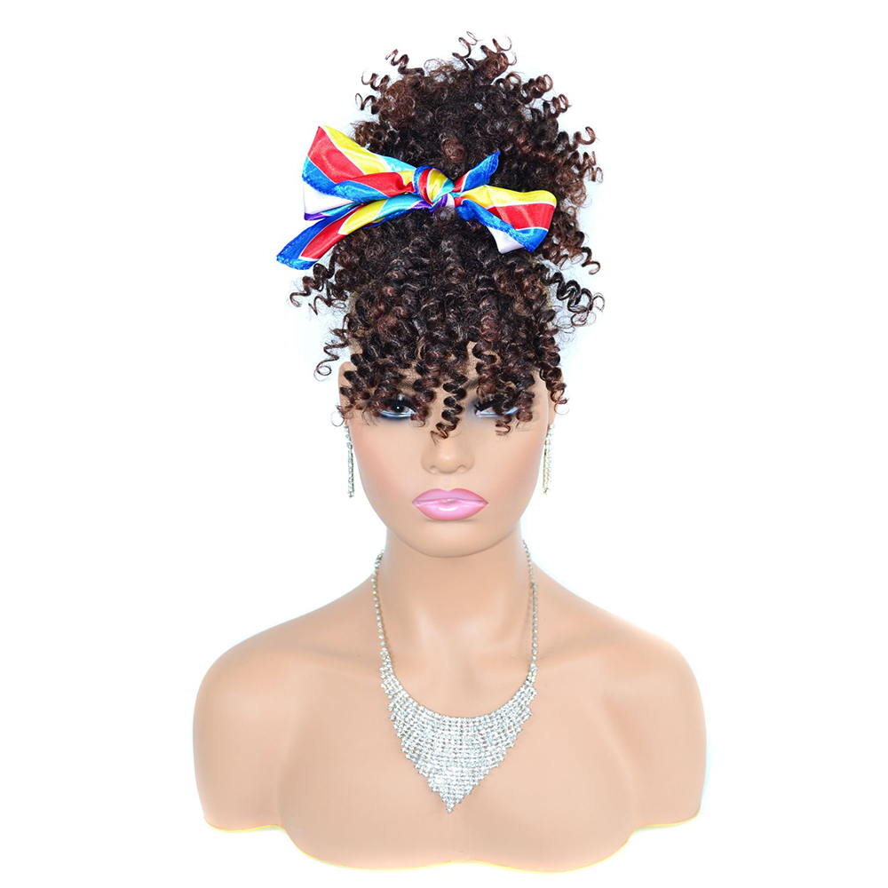 Drawstring Afro Curly Puff Ponytail - ドローストリングアフロキンキーカーリーパフポニーテールヘアバン、前髪付き合成ミニスプリングカールヘアピース（黒人女性用クリップ付き）