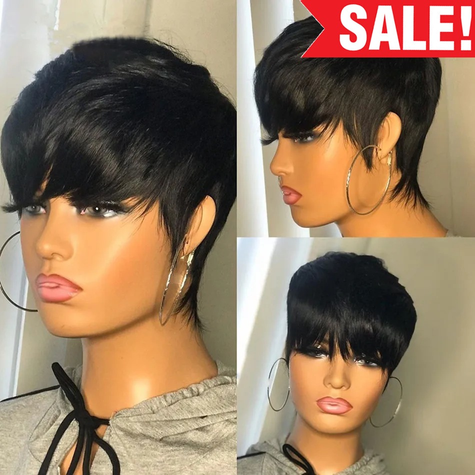 Short Pixie Cut Wig Human Hair Cheap - ショート人毛ウィッグ ピクシーカット ストレート ブラジル人毛ウィッグ 黒人女性用 機械製ウィッグ