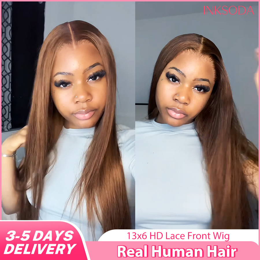Lace Front Wigs - 220%高密度34インチチョコレートブラウンボーンストレートレースフロント人毛ウィッグストレートウィッグ13x6透明HDレースフロントウィッグ