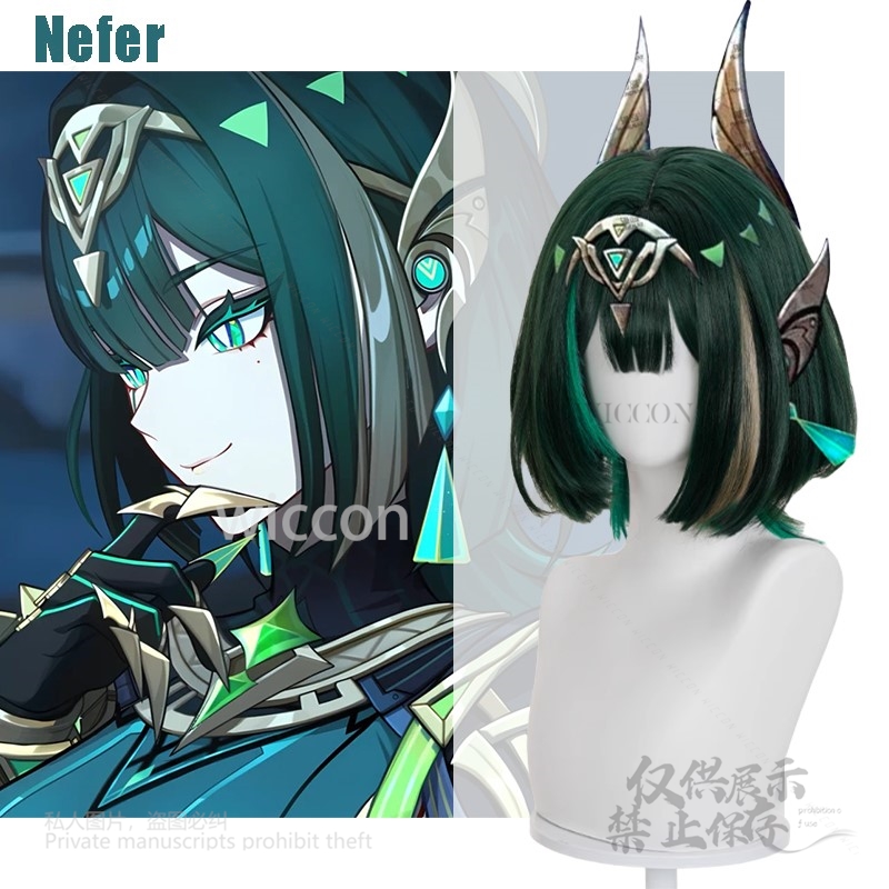 Synthetic Wigs - アニメゲーム原神インパクト新ネフェル耐熱人工毛現実的な頭皮かつらロールプレイネフェルコスプレ衣装ハロウィン