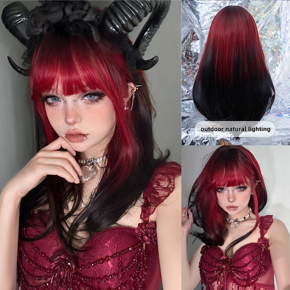 Synthetic Braided Wigs For Black Women - 20インチセクシーブラックレッドオンブレ合成ウィッグ前髪付きミディアムナチュラルストレートヘア女性用デイリーユースコスプレ耐熱