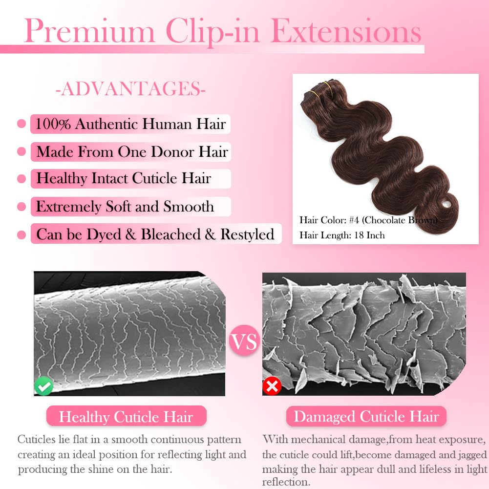 # 4つのチョコレートブラウンのボディウェーブクリップ式人毛 - Seamless Clip In Hair Extensions Human Hair のレビューと価格