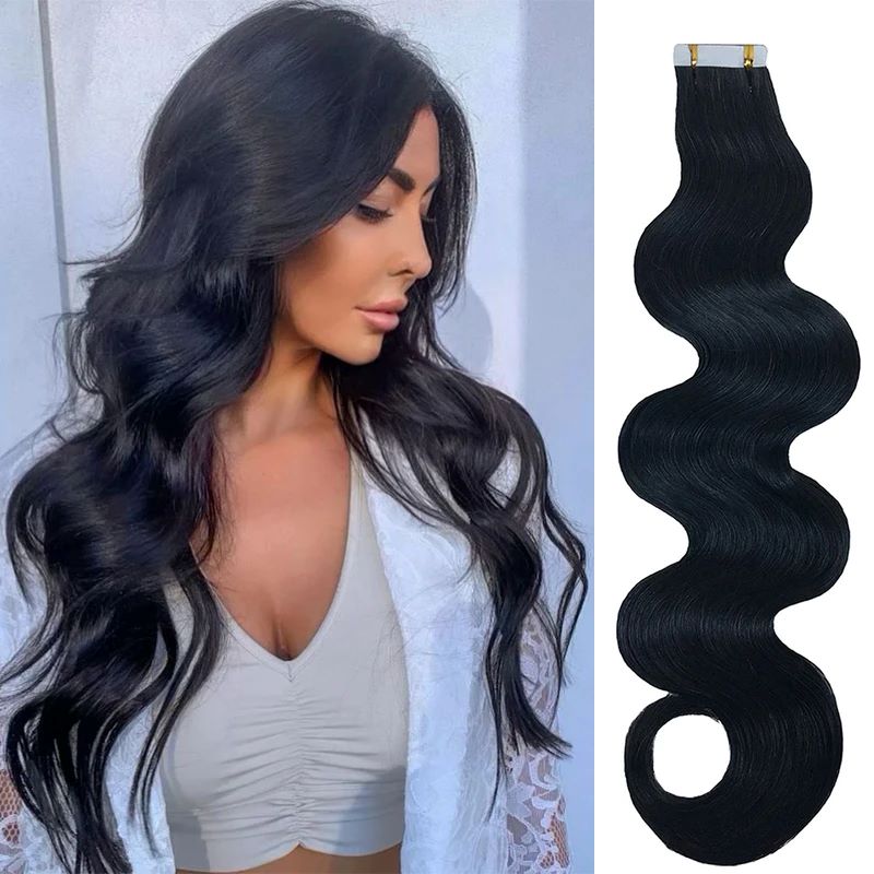 ブラジルの自然なヘアエクステンション,長くて巻き毛の黒い粘着 - Invisible Tape In Extensions Real Hair のレビューと価格