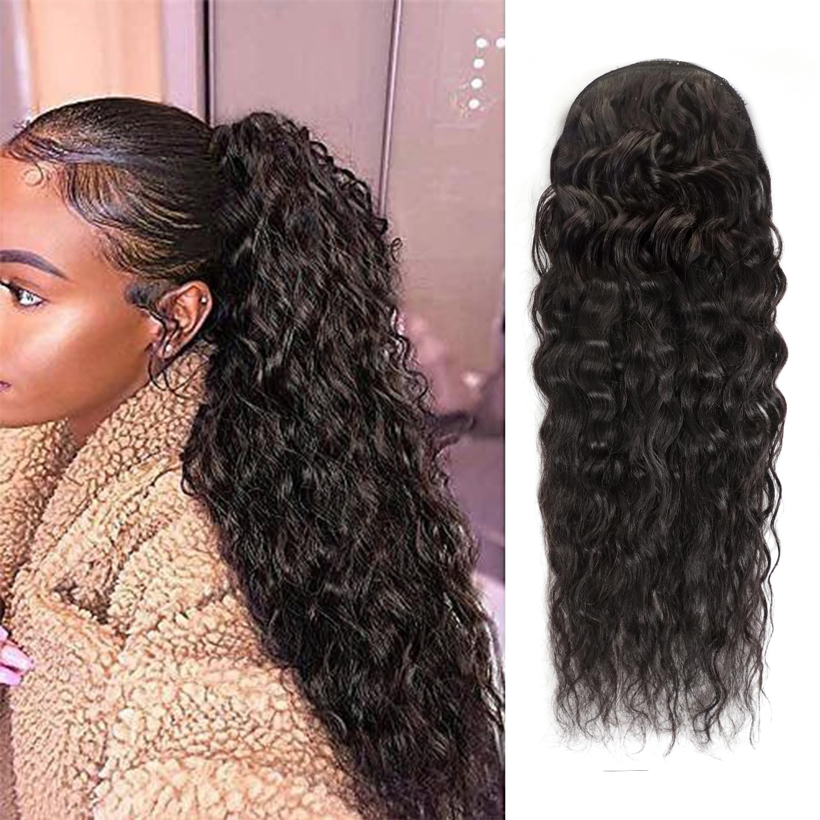 水波状ポニーテール人毛エクステ、巻き付けポニーテール、ドロー - Seamless Clip In Hair Extensions Human Hair のレビューと価格