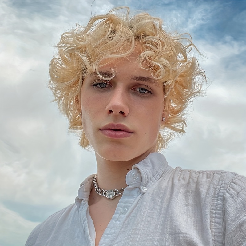 メンズブロンドウィッグショート波状ふわふわ合成ウィッグコスチ - Synthetic Wigs のレビューと価格