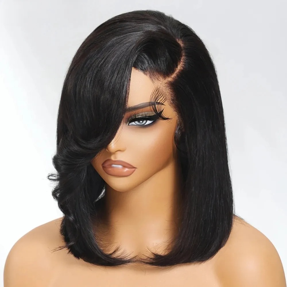 黒色のショートボブストレートレースフロントウィッグ（前髪付き - Pre Parted 13X4 Lace Front Bob Wig のレビューと価格
