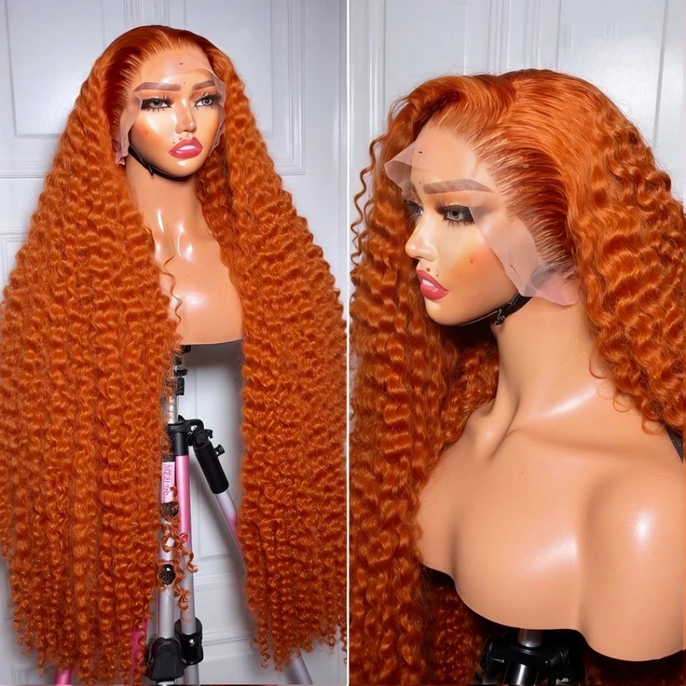 200%高密度ジンジャーオレンジディープウェーブ人毛ウィッグ - Lace Front Wigs のレビューと価格