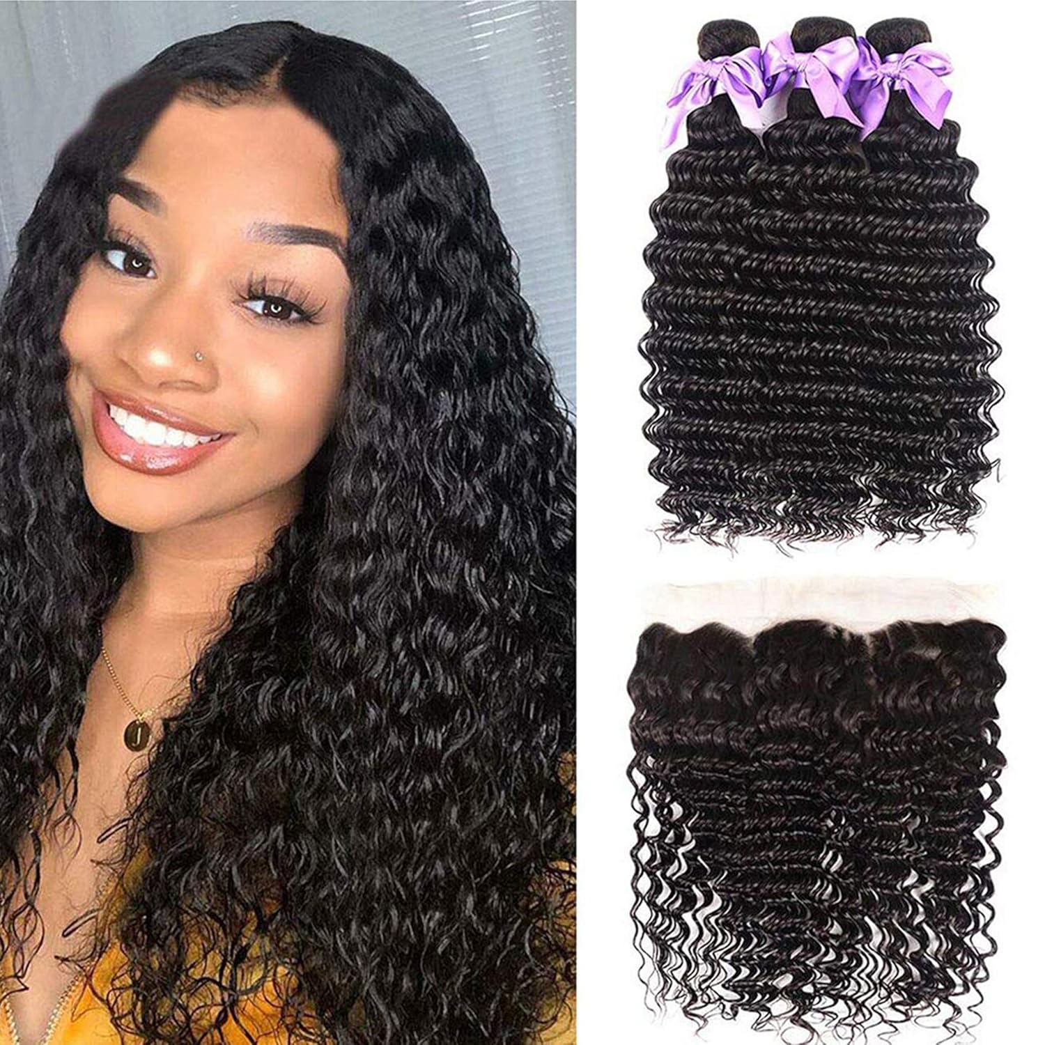 ジッパー付きディープウェーブナチュラルヘアロック,フロントロ - Deep Wave 3 Bundles With Closure のレビューと価格